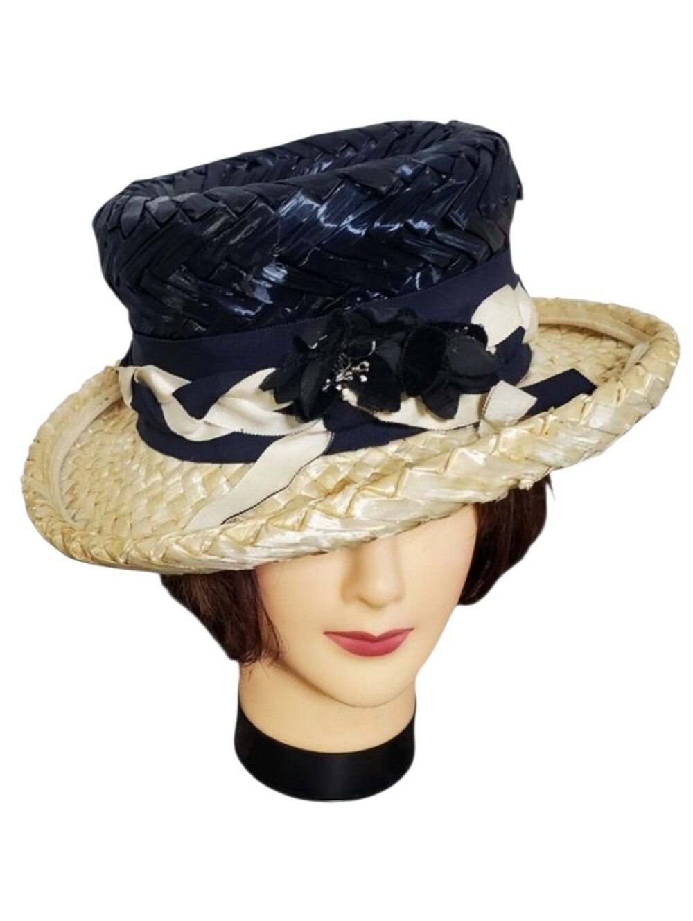 Vintage Mr. Charles Woven Straw Hat With Floral Accents Beige Blue Womens